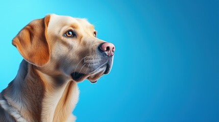 Aufkleber - Close-up portrait of beautiful golden Labrador, purebred dog posing isolated on bright blue studio background in neon. Concept of animal, pets, vet, friendship. Copy space for ad, design