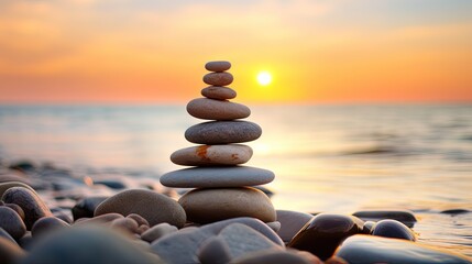 Wall Mural - Balanced pebble pyramid silhouette on the beach on sunset. Selective focus Abstract bokeh with Sea on the background. Zen stones on the sea beach, meditation, spa, harmony, calmness, balance concept.