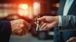 © HN Works - Young man receives a key from car salesman. After agreeing to a contract for rent or sale of a car at workshop, loan car, insurance, sale, buying car and finance concept.