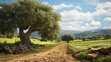 Green Olive Trees Farmland, Agricultural Landscape With Olives Plant Among Hills, Olive Grove Garden, Large Agricultural Areas Of Olive Trees
