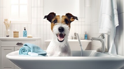 Poster - Dog holding toothbrush in bathroom - jack russell terrier