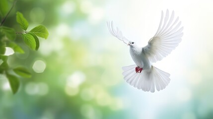 Poster - A free white dove holding green leaf branch flying in the sky. International Day of Peace concept background
