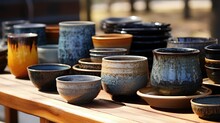 Handmade Craft Glazed Modern Ceramics Shop. Eco Friendly Sustainable Tableware Wabi Sabi Style Shopping On Local Market. Side View