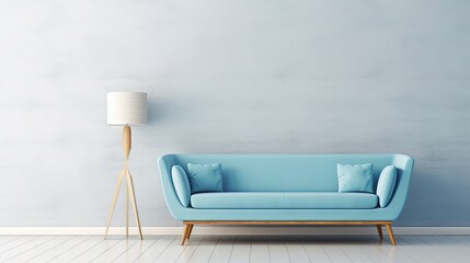 Aufkleber - mock up empty wall in interior background with blue sofa, Scandinavian style. 3d rendering