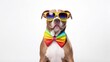 crazy funny gay pitbull dog proud of human rights ,sitting and waiting, with rainbow flag tie and sunglasses , isolated on white background