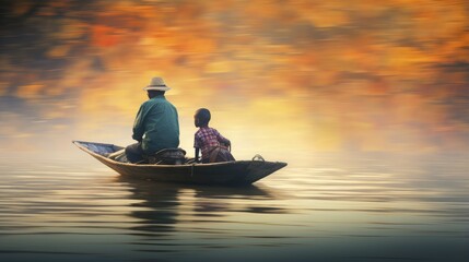 Poster - Blur and Noise image of father and his son at wooden boat, silluet