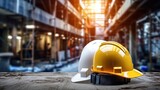 Fototapeta  - white, yellow hard safety helmet hat for safety project of workman as engineer or worker, on concrete floor on city