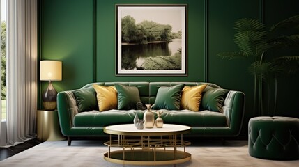 Sticker - Luxury living room in house with modern interior design, green velvet sofa, coffee table, pouf, gold decoration, plant, lamp, carpet, mock up poster frame and elegant accessories. Template.