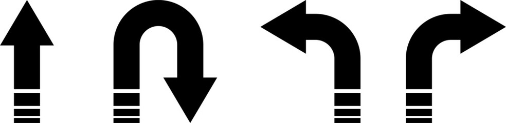 Poster - Go Straight This Way One Way Only U Turn Left and Right Black Arrow Sign Direction Icon Set. Vector Image.