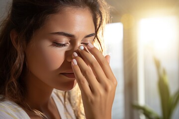 Wall Mural - Woman applies eye lubricant to treat dry eyes or allergies