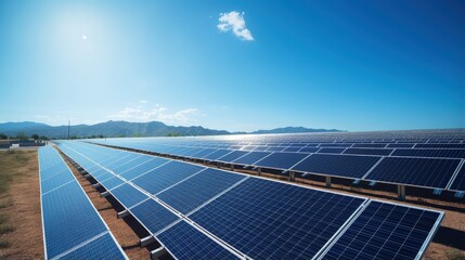 Poster - Photovoltaic modules of huge solar panels with clear blue sky and sun on background