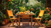Wooden Chairs At Dining Table Covered With Orange Tablecloth Standing On Wooden Terrace In Green Garden
