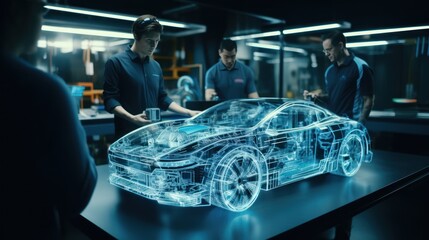 Two professional automotive engineers choose the shape of an electric car using a futuristic augmented reality hologram. 3D computer graphics of high-tech automotive development, animation, VFX.