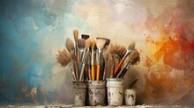 Vintage Artists Brushes And Paint Tubes On An Abstract Artistic Background
