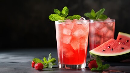 Wall Mural - Iced fruit tea or cold watermelon drink in clear glass with mint leaf. Refreshing summer drink. Grey background, copy space.