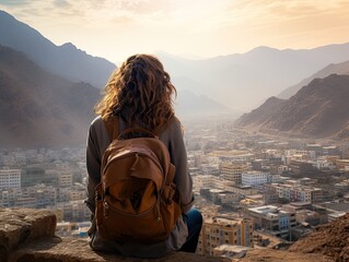 Wall Mural - A young woman enjoys a serene moment while sitting alone on a mountain top and looking at the breathtaking natural landscape at sunset.