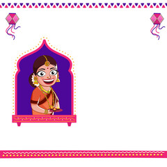 Poster - Diwali Poster or Card Design with Cartoon Indian Woman Character Holding Plate Of Lit Oil Lamp (Diya).