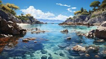 A Rocky Beach With Blue Water. Generative AI.