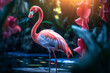 Flamingo rosa na floresta tropical com iluminação azul - Papel de parede