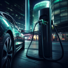 Power supply connected to electric vehicle charge battery. EV charging station for electric car or Plug-in hybrid car. Automotive innovation and technology concepts. Generative Ai