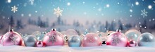 Background Image, Colorful Christmass Balls With Ornaments, Snowflakes, Glitter And Bows On Glittery Backdrop, Allow Copy Space.