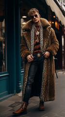 Street style clothing - fashionable man in an elegant fur coat fashion on the street. Animal protection and faux fur concept