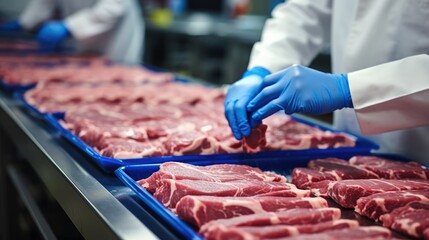 Wall Mural - Meat worker gathering packed meat on a conveyor belt at factory.