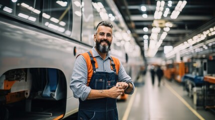 Poster - Industry worker is inspection on bus construction in vehicle production factory.
