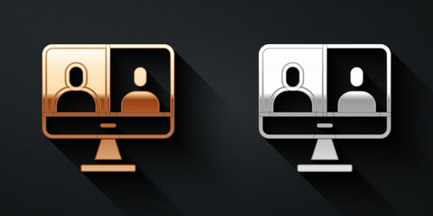 Poster - Gold and silver Video chat conference icon isolated on black background. Computer with video chat interface active session on screen. Long shadow style. Vector