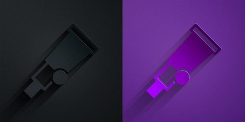 Poster - Paper cut Telescope icon isolated on black on purple background. Scientific tool. Education and astronomy element, spyglass and study stars. Paper art style. Vector