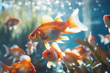 Wall Mural - Fishes in an aquarium. Background with selective focus and copy space