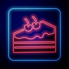 Poster - Glowing neon Piece of cake icon isolated on black background. Happy Birthday. Vector