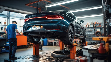Poster - Car repair service, Car at auto repair shop.