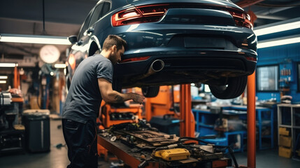 Aufkleber - Car repair service, Auto mechanic is repairing car it in auto repair shop.