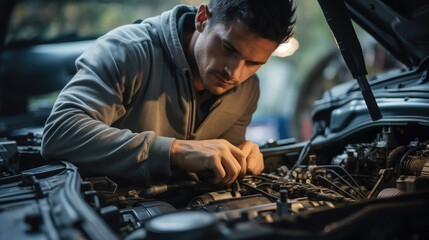 Aufkleber - Auto mechanic is repairing car it in auto repair shop, Car repair service.