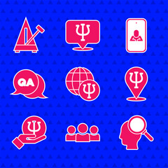 Poster - Set Psychology, Psi, Users group, Finding a problem, Question and Answer, Psychologist online and Metronome with pendulum icon. Vector