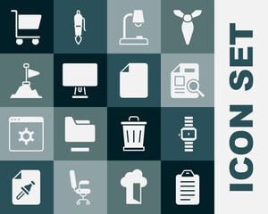 Poster - Set To do list or planning, Wrist watch, Document with graph chart, Table lamp, Computer monitor, Mountains flag top, Shopping cart and File document icon. Vector