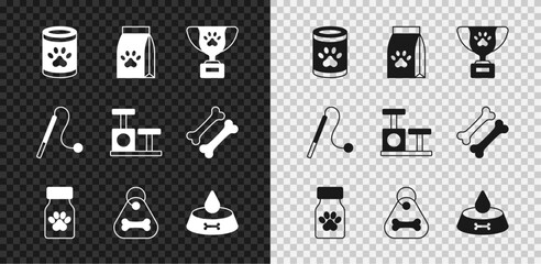 Wall Mural - Set Canned food, Bag of for pet, Pet award symbol, Medicine bottle and pills, Dog collar with bone, bowl cat dog, toy and Cat scratching post icon. Vector