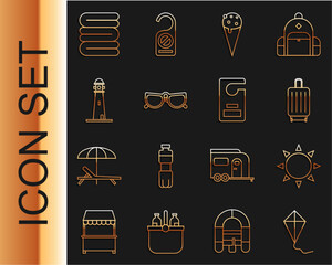 Canvas Print - Set line Kite, Sun, Suitcase, Ice cream in waffle cone, Glasses, Lighthouse, Towel stack and Please do not disturb icon. Vector