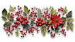Festive Christmas wreath of fresh natural spruce branches with red holly berries isolated on transparent background. New Year Christmas seamless border. Holiday illustration