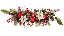 Festive Christmas Wreath Of Fresh Natural Spruce Branches With Red Holly Berries Isolated On Transparent Background. New Year Christmas Seamless Border. Holiday Illustration