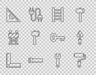 Poster - Set line Corner ruler, Paint roller brush, Wooden staircase, Hand saw, Triangular, axe, Wrench spanner and Trowel icon. Vector