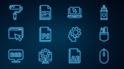 Poster - Set line Computer mouse, Crossed ruler and pencil, Laptop cursor, PS File document, Web design development, Paint roller brush, Human head with gear inside and Picture landscape icon. Vector