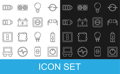 Poster - Set line Electric light switch, Battery, Resistor electricity, Light bulb with concept of idea, Car battery, charge level indicator, and Electrical outlet icon. Vector