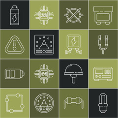 Poster - Set line LED light bulb, Electrical measuring instruments, Audio jack, circuit scheme, Ampere meter, multimeter, voltmeter, Exclamation mark triangle, Battery and transformer icon. Vector