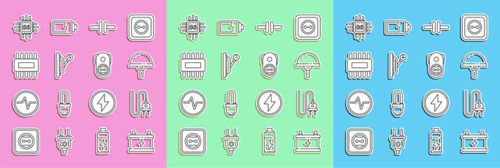 Poster - Set line Car battery, Electric plug, Light emitting diode, circuit scheme, Electrical panel, Processor with microcircuits CPU, and outlet icon. Vector