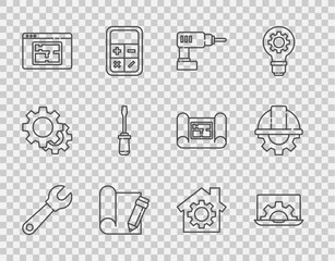 Poster - Set line Wrench spanner, Laptop and gear, Electric drill machine, Graphing paper pencil, House plan, Screwdriver, with and Worker safety helmet icon. Vector