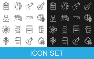 Wall Mural - Set line Genetically modified meat, GMO, apple, Test tube and flask, and Laboratory glasses icon. Vector