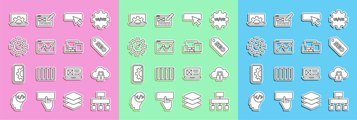 Poster - Set line Site map, Cloud computing lock, SEO optimization, UI or UX design, Website statistic, development and Monitor, mobile, tablet icon. Vector
