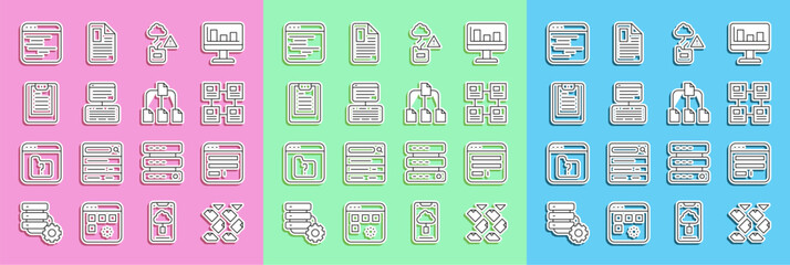 Poster - set line data stream, browser window, hierarchy organogram chart, cloud technology data transfer, se
